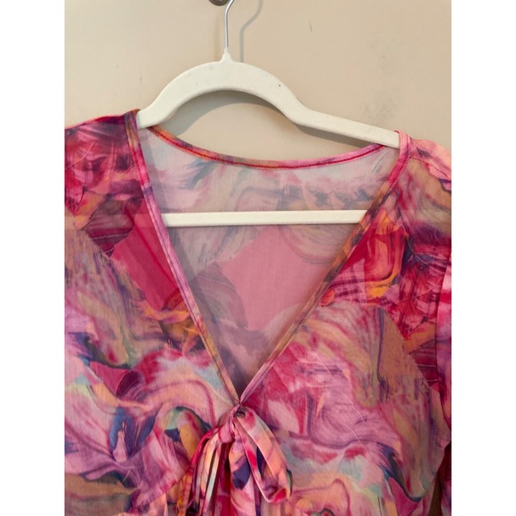 Pink Printed Sheer Mesh Flare Sleeve Fairy Babydoll Top Shein Size L - Picture 3 of 7